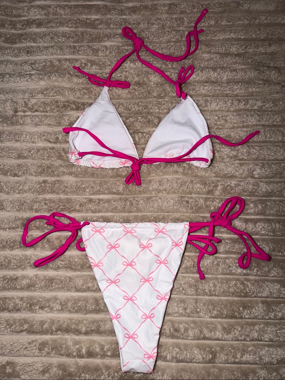 White & Hot Pink Bow Print Triangle Bikini Top - Picture 7 of 7